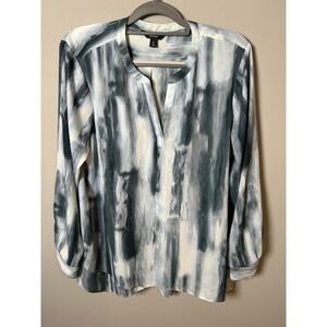 Simply Vera Vera Wang Abstract Print Split Neck Roll Tab Blouse Blue White XL